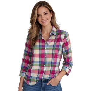 Chaps Plaid Pink Blue Green Oxford Three Quarter Sleeves Medium